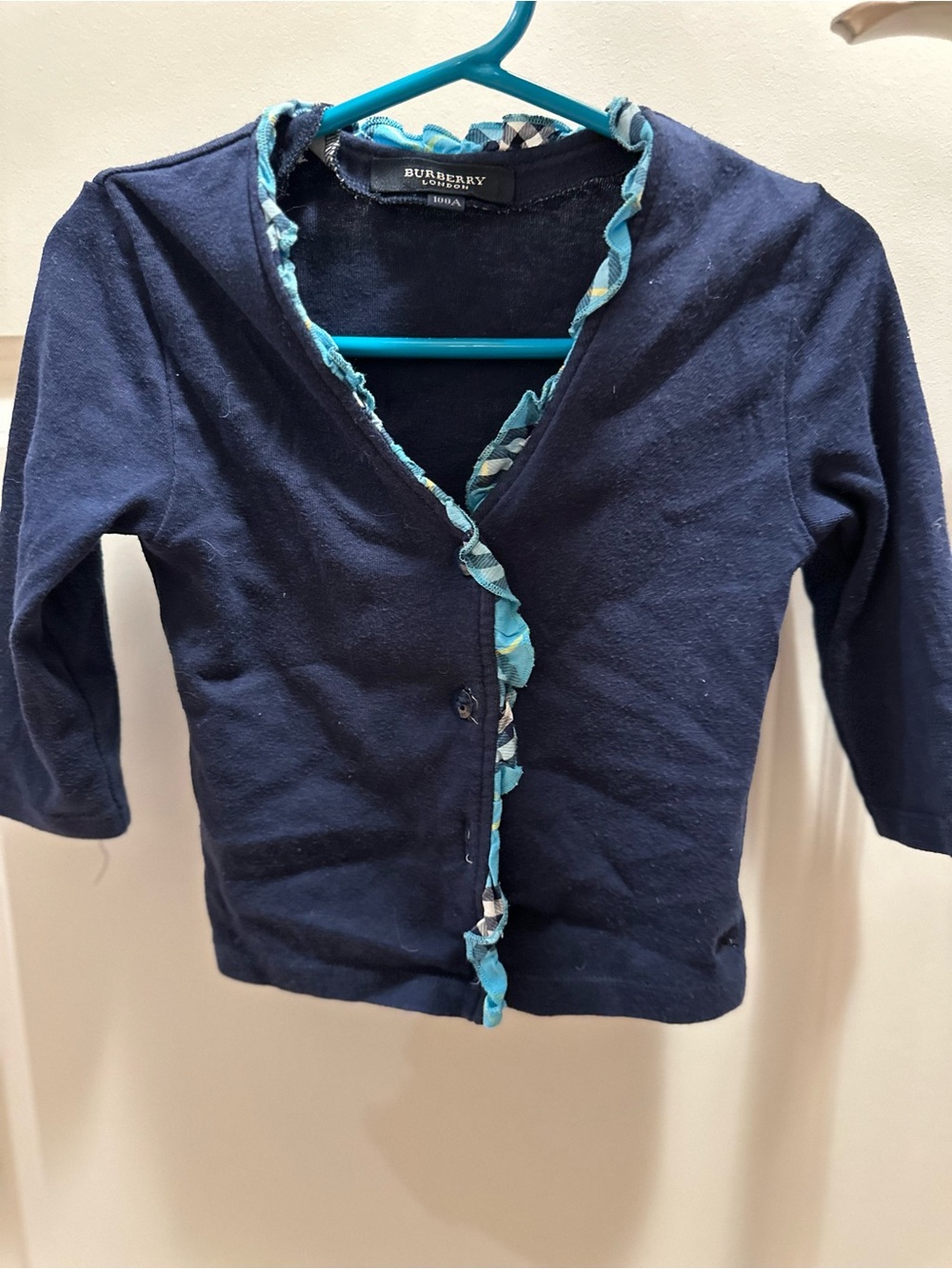 Burberry Girls' Navy Cardigan with Blue nova check Trim